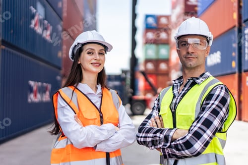 Preview: Portrait of Caucasian businessman and woman work in container terminal.