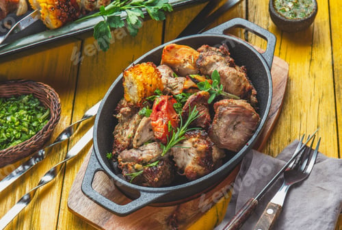 Preview: Bbq grilled meat - pork, chicken and vegetable on cast iron pan. Grilled skewers on yellow wooden