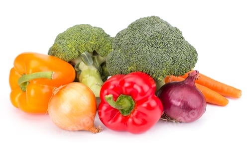 Preview: Fresh vegetables: brocolli, bell peppers, carrot, onion isolated on white background