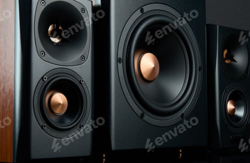 Preview: Sound audio system with two satellites and subwoofer on dark background.