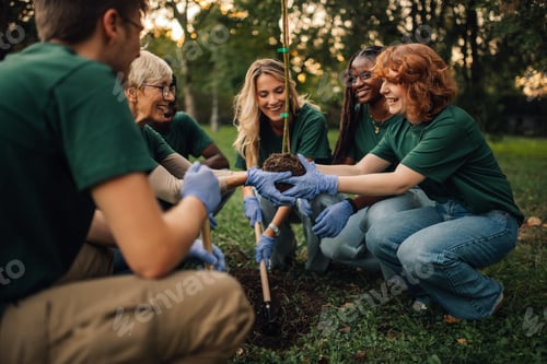 Preview: Group of volunteers planting new tree in park