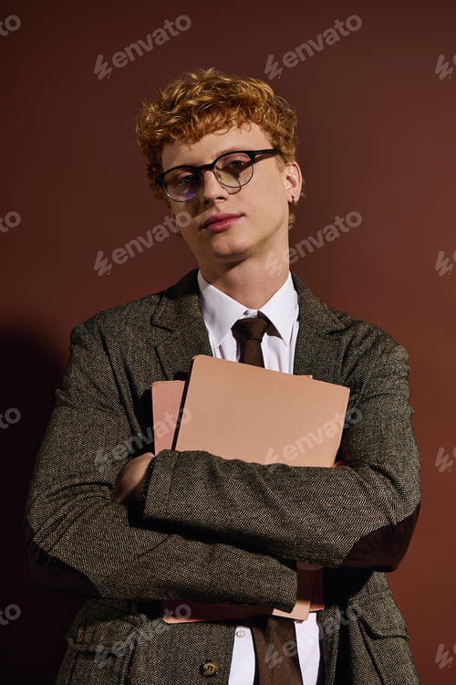 Preview: Confident young man in stylish attire with folders against a warm background