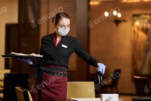 Preview: Responsible woman in protective mask working at restaurant