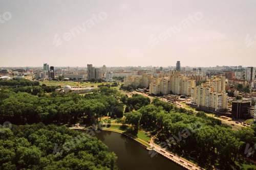 Preview: Top view of the victory Park in Minsk and the Svisloch river.A bird's-eye view of the city of