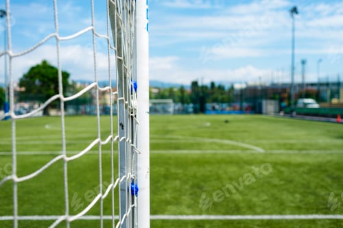 Preview: Soccer or football net background, view from beside the goal