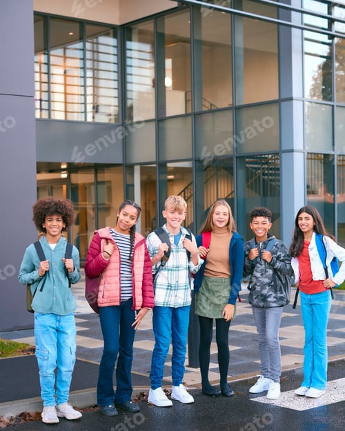 Preview: Portrait Showing Class Of Secondary Or High School Pupils Standing Outside School Building
