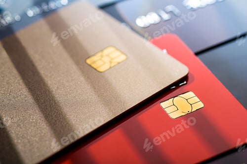 Preview: Stack of different credit cards, close up view with selective focus.