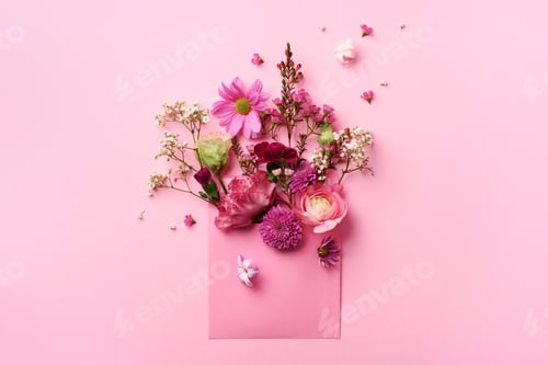 Preview: Pink envelope with spring flowers. Floral composition, creative layout. Flat lay, top view. Spring