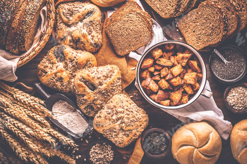 Preview: Assortment of different kind of cereal bakery - bread, pasties, buns, with healthy seeds