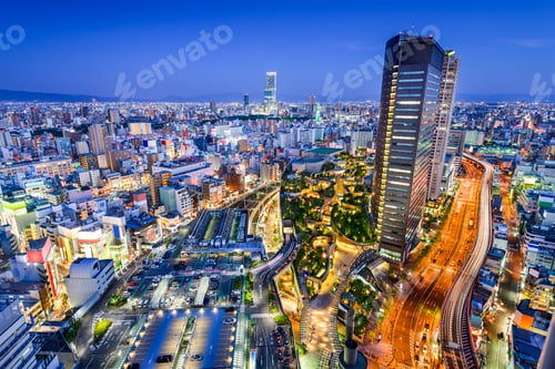 Preview: Osaka, Japan City Skyline Overlooking Namba District.