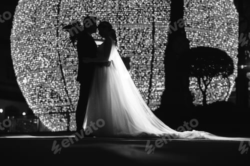 Preview: Silhouette of a couple on their wedding apparel against christmas street decoration