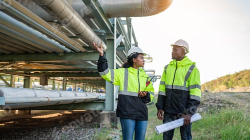 Preview: Young mechanical engineer holding blueprint drawing to checking and inspection.