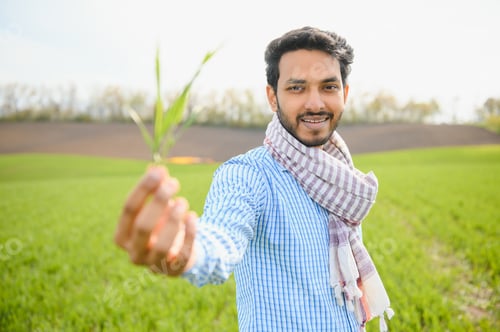 Preview: Indian farmer holding crop plant in his Wheat field