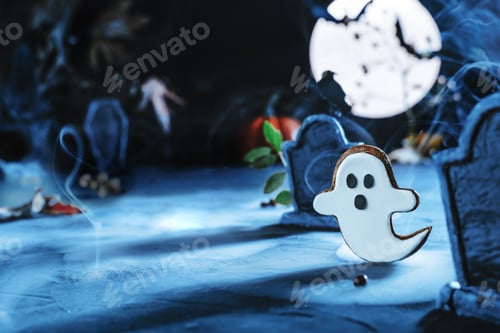 Preview: Wide Halloween banner with cute ghost flying at night in cemetery between gravestones