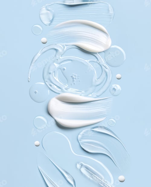 Preview: cosmetic cream smears, smooth and shiny texture, blue background