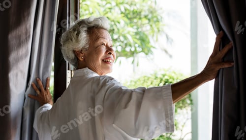 Preview: Senior woman opening the curtains