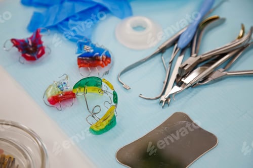 Preview: Dental instruments and dentures on medical table