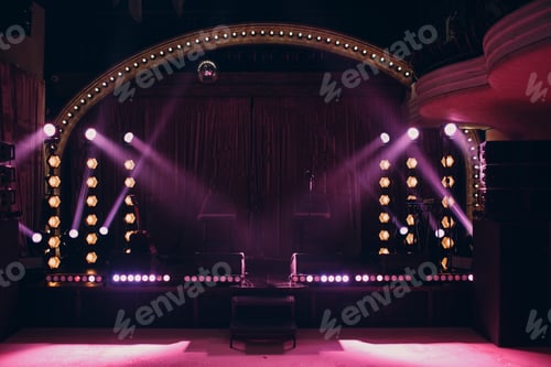Preview: Small stage with pink color light beam ray in dark