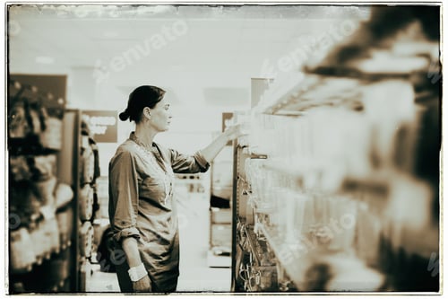 Preview: Vintage Black And White Photo Of Woman In Store Looking At Glassware