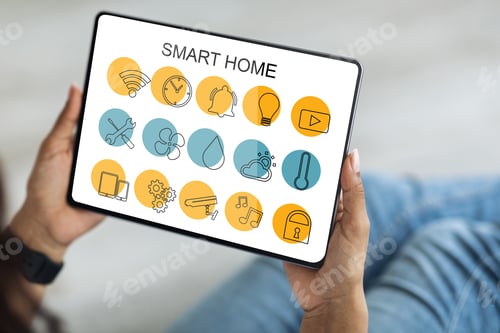 Preview: Smart home gadget in black lady hands, closeup