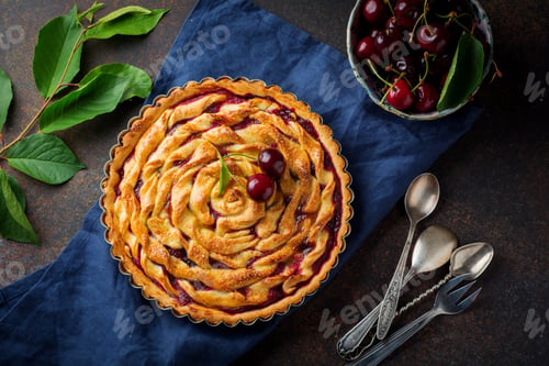 Preview: Homemade open cherry pie with lattice on a dark concrete background. Selective focus. Top view