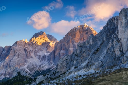 Preview: Dolomite Alps, Italy. View of the mountains and high cliffs during sunset.
