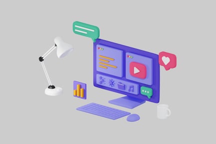 Preview: Computer setup with icons and symbols.