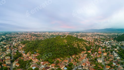 Preview: Town of Plovdiv in Bulgaria in valley of Rhodope mountains. Panorama, top view