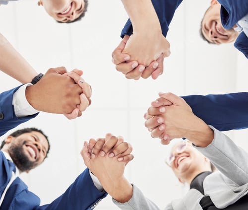 Preview: Team building, support or happy business people holding hands for collaboration, partnership or com