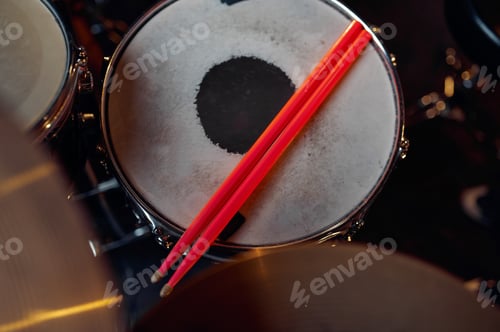 Preview: Professional drum kit and sticks closeup, nobody