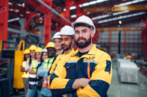 Preview: Team and portrait of engineering employees standing in an industrial.