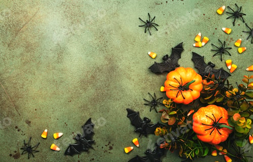 Preview: Happy Halloween swamp green background with pumpkins, bats, spiders, candy corn