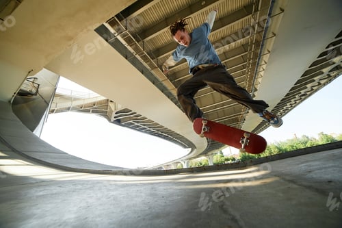 Preview: Skateboarder Performing Trick Under Urban Bridge