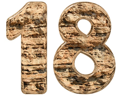 Preview: Numeral 18, eighteen, isolated on white, natural limestone, 3d illustration