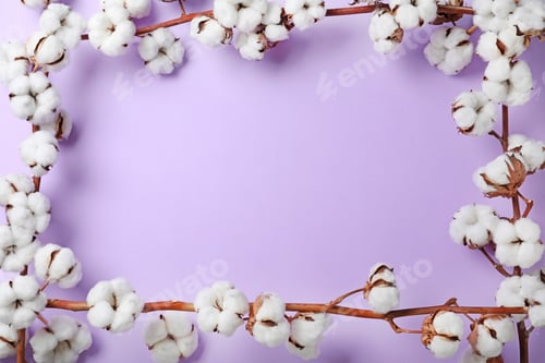 Preview: Frame made with cotton flowers on lilac background, top view. Space for text