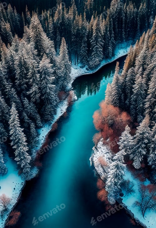 Preview: Drone view of winter landscape with pine forest covered with snow and mountain lake.