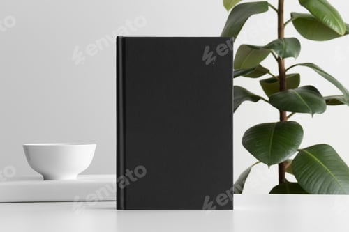 Preview: Black book mockup with workspace accessories on a white table and a ficus plant.