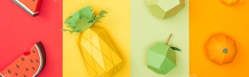 Preview: panoramic shot of various origami fruits on colorful paper stripes