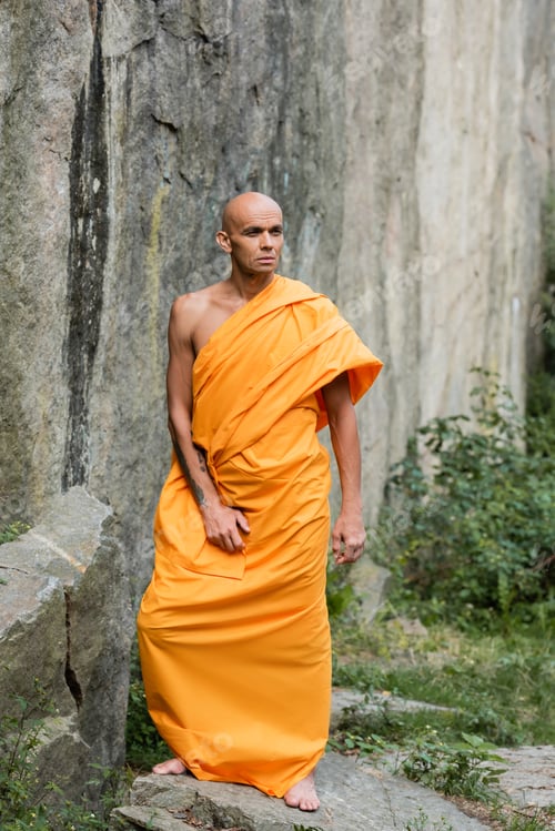 Preview: man in traditional buddhist clothes looking away while standing near rock