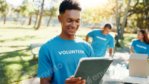 Preview: Nature, man and volunteer with tablet for research on food drive donation list for organization. Re