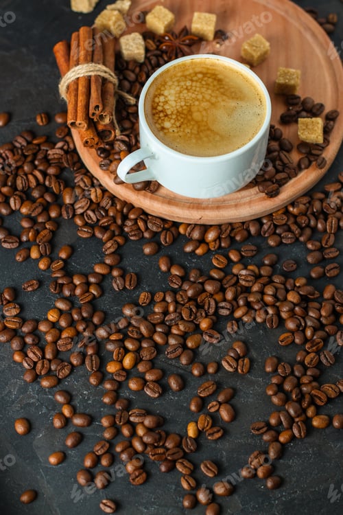 Preview: Coffee Fresh And Hot In A White Cup, Aroma. Serving Of Beverage (Coffee Grain). Food. Top View