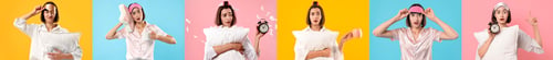 Preview: Overslept woman, collage on different colors backgrounds
