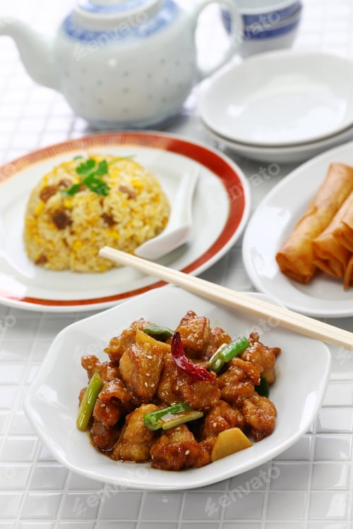 Preview: general tso’s chicken, fried rice, spring rolls, american chinese cuisine