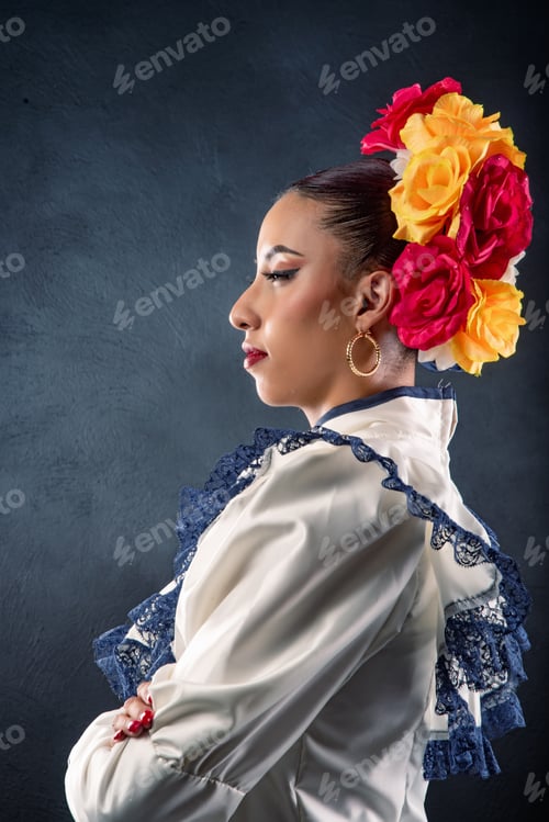 Preview: A woman wearing a white dress with a red and yellow flower headpiece