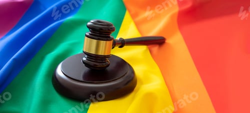 Preview: LGBT Law, Gay marriage. Judge gavel on rainbow color textile, close up. Transgender rights