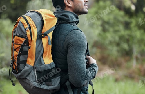 Preview: Man, backpack and closeup with view, thinking and camping travel in the forest for holiday. Exercis