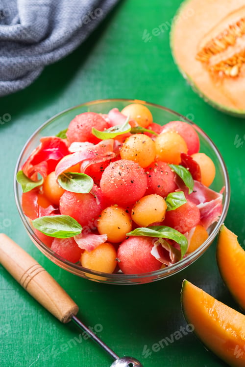Preview: Fruit salad with melon cantaloupe, watermelon and prosciutto