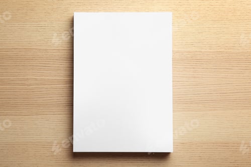 Preview: Stack of blank paper sheets for brochure on wooden background, top view. Mock up