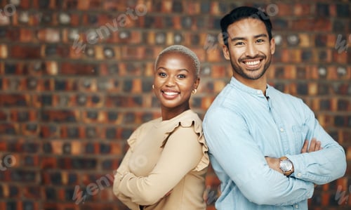 Preview: Portrait, smile and business people with arms crossed in office for teamwork. Collaboration, cooper