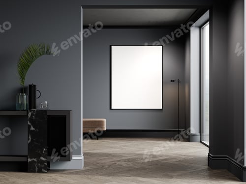 Preview: Big mockup poster frame in luxury dark interior design, 3d rendering